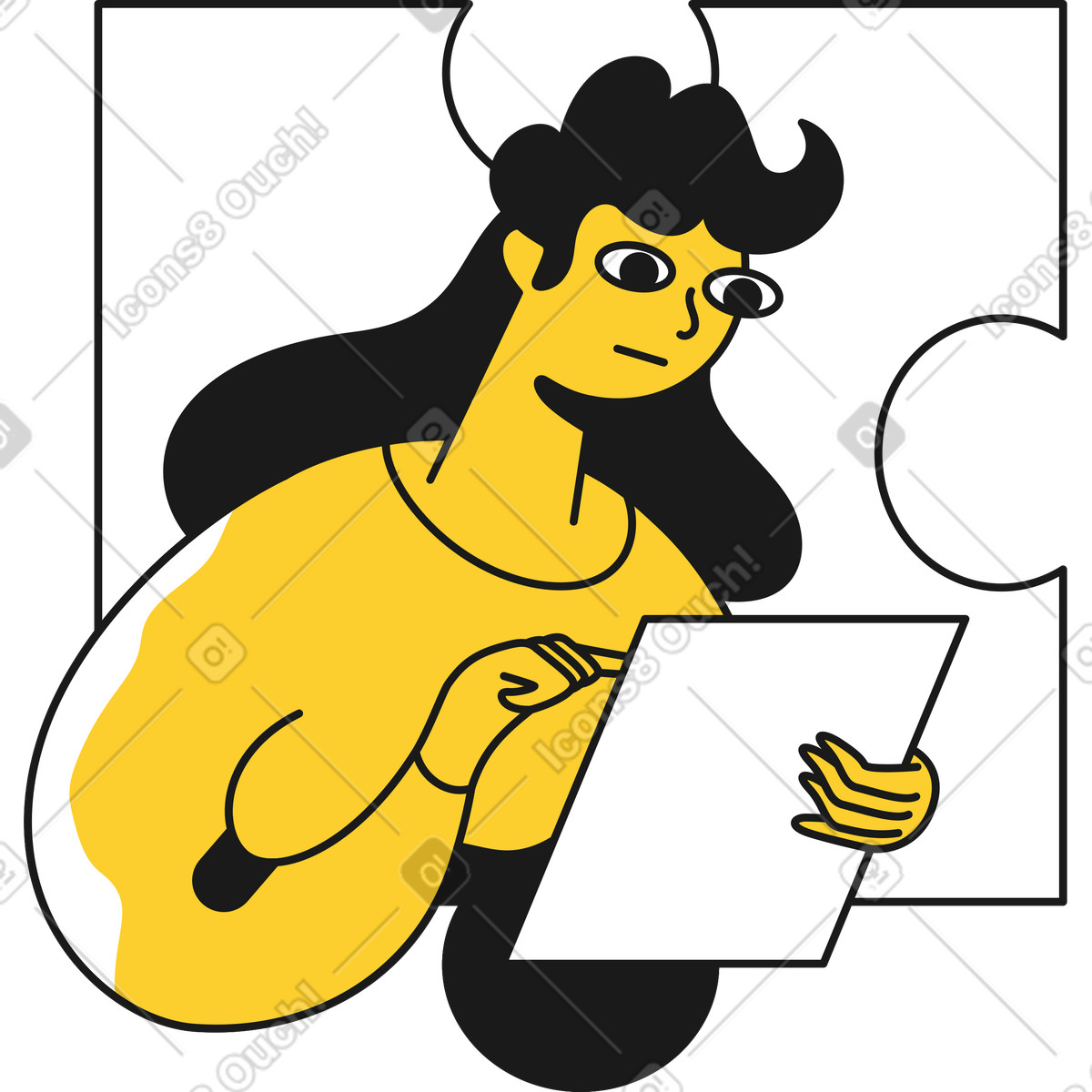 Illustration Femme avec une feuille de papier blanche sur le fond d'un puzzle dans style Taxi à télécharger aux formats PNG, SVG