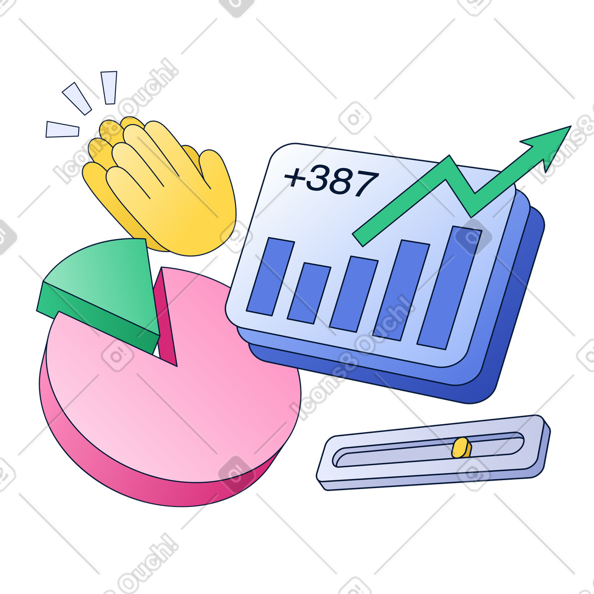 Pie chart with bar graph and arrow, Financial analytics and reporting success, Business growth and KPI improvement illustration in PNG, SVG