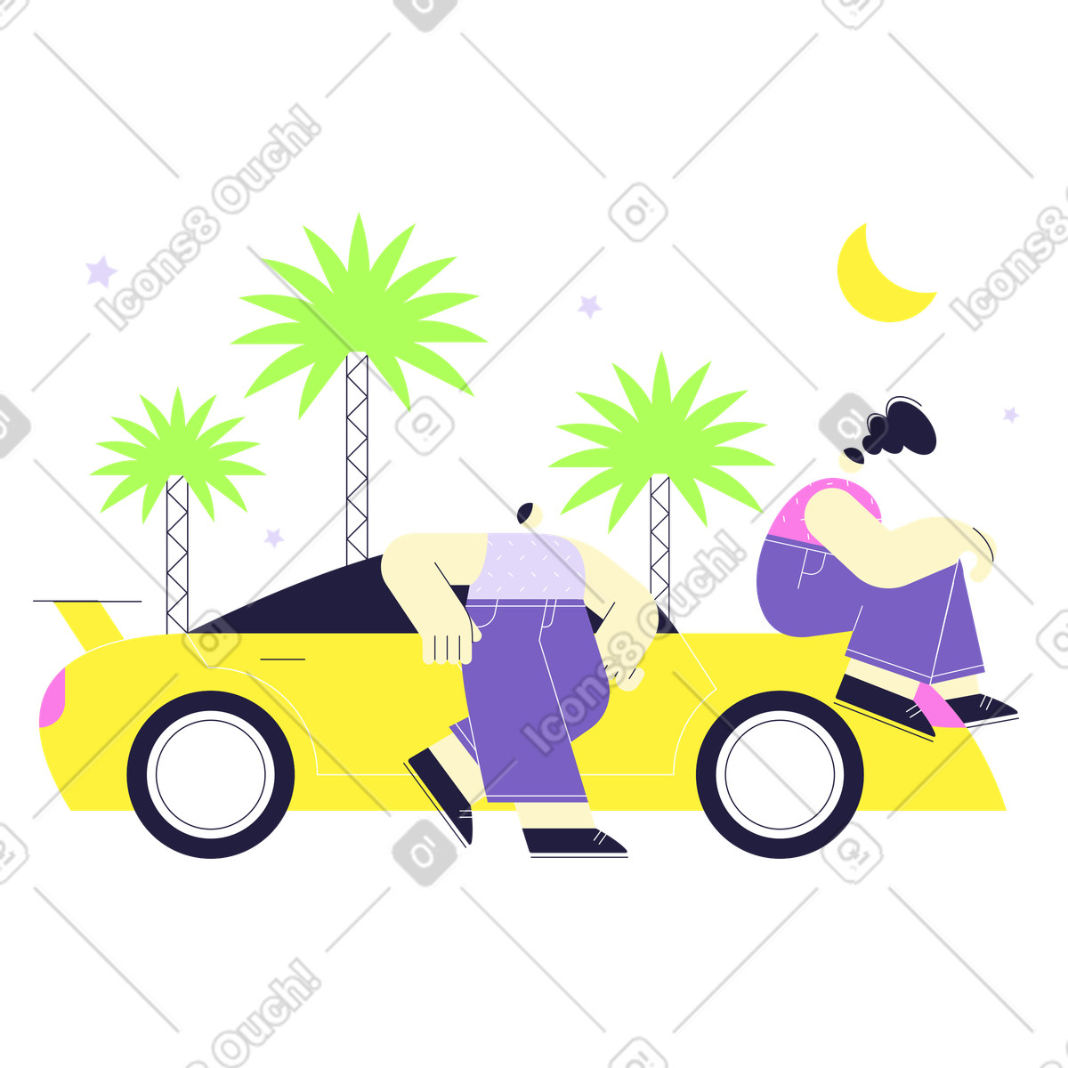 Nachtleben, mann und frau neben sportwagen-Illustration im Mellow-Stil als Download in PNG, SVG