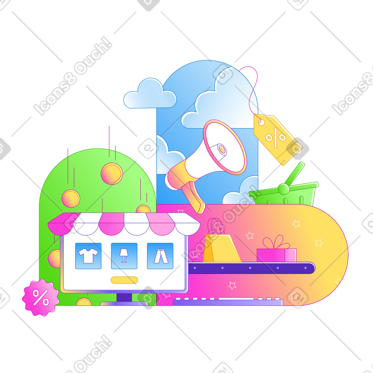 Ilustración Colorful online shop display with products, Digital marketplace and e-commerce promotion en estilo Rainbow a descargar en PNG y SVG