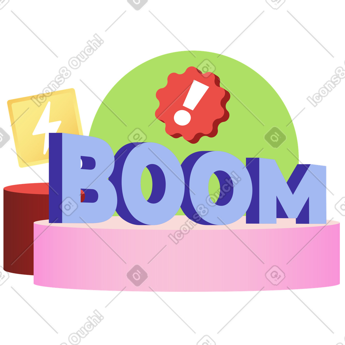 Schriftzug-boom! mit ausrufezeichen und energieschaltflächentext-Illustration im Levels-Stil als Download in PNG, SVG