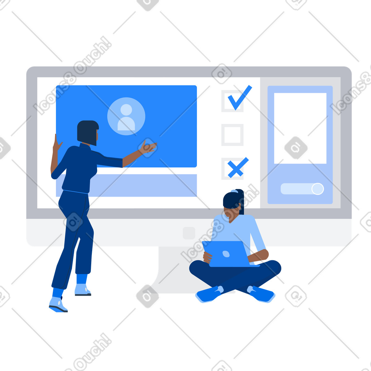 Le donne creano un sito web utilizzando laptop e computer desktop illustrazione in stile Urban scarica in PNG, SVG
