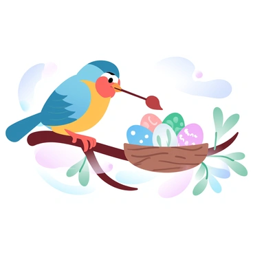 A small bird with vibrant plumage is perched on a branch. The bird is holding a tiny brush in its beak, applying bright colors to a cluster of eggs nestled in a small nest. The branch is adorned with delicate green leaves, and the background features softly blended pastel hues creating a serene atmosphere. Several colorful eggs are visible, showcasing various patterns and designs, while the bird carefully focuses on one egg, adding a touch of color.