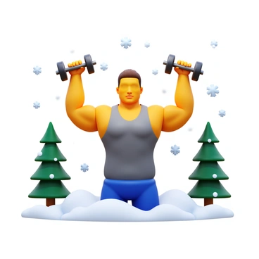 A person with a muscular build is performing a shoulder press with two dumbbells. The person is wearing a fitted sports tank top and athletic shorts, showcasing their physical strength. Snowflakes are gently falling around them, accumulating on the ground in a thick blanket of white. Pine trees, heavy with snow, can be seen in the background. The sky is overcast, adding a cool tone to the scene. The person's expression is focused as they lift the dumbbells overhead.
