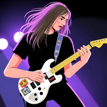 A close-up of a guitarist with long hair, intensely focused on playing an electric guitar. The electric guitar features various "Metallica" themed stickers, including the iconic logo and album artwork. The guitarist’s fingers are skillfully positioned on the fretboard, emphasizing the dynamic movement. Bright stage lights illuminate the scene, reflecting off the guitar's surface and creating a vibrant atmosphere. The background is blurred, highlighting the guitarist's expression of passion and energy as they perform.