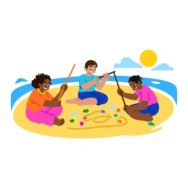 A group of three kids is sitting on a sandy beach, each focused on creating artistic patterns in the sand. One child is using a long stick to draw swirling lines, while another is carefully placing colorful seashells in intricate designs. The third child is shaping the sand into small mounds and using a stick to enhance the texture. The sun is shining brightly, and the ocean waves can be seen in the background, gently lapping at the shore. The kids are smiling and appear engaged in their creative activity.