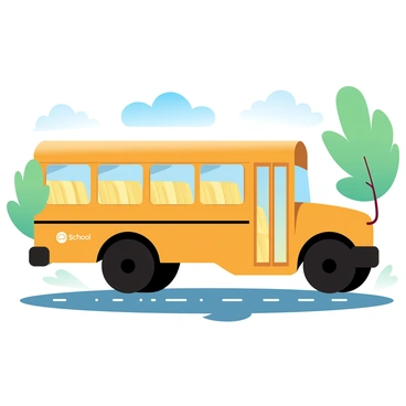 An empty school bus is parked under a clear blue sky. The sunlight is streaming through the large windows, casting warm yellow and orange light onto the interior seats. The seats are arranged in neat rows, illuminated by the morning light. The bus's exterior is painted in bright yellow, with the school’s identification logo visible on the side. The surroundings feature a few trees with vibrant green leaves, while the asphalt road beneath the bus reflects the sunlight.