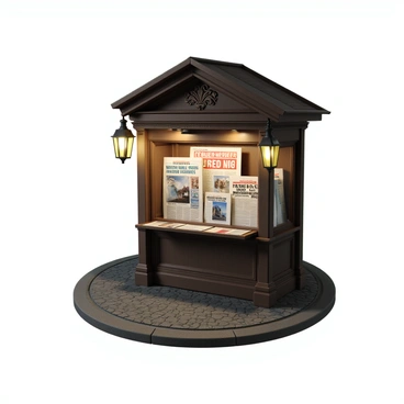 An old-fashioned newsstand made of dark wood with intricate carvings and a slanted roof. The stand is filled with an array of newspapers, all arranged neatly. Each newspaper has vibrant, eye-catching report headlines in bold fonts. The headlines are printed in various colors, drawing attention to significant events. There are also a few magazine covers with bright images and large titles. The ground around the newsstand is cobblestone, and a vintage streetlamp illuminates the scene, casting a warm glow over the newspapers.