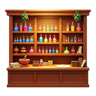 A historical apothecary shop interior featuring wooden shelves filled with glass ampoules of various shapes and sizes. The shop is warmly lit, highlighting the intricate details of each ampoule. Some ampoules are tall and slender, while others are short and round, each filled with colorful liquids. There are antique jars and herb bundles hanging from the ceiling, adding to the historical atmosphere. A wooden counter is present, with a mortar and pestle set on it, alongside old books and scrolls.