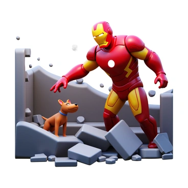 A heroic Ironman figure in a dynamic pose, extending his arm towards a trapped animal. The animal, a small dog, looks up with wide eyes, caught in a precarious situation among debris. Ironman's suit is gleaming, reflecting the ambient light, and his helmet is slightly raised to reveal his determined expression. Around them, the scene is filled with broken structures and scattered rubble, emphasizing the urgency of the rescue. The background hints at a chaotic environment, with smoke and shadows adding to the dramatic tension of the moment.
