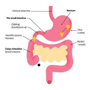 A clear and educational diagram of the human digestive system. The diagram features labeled sections including the mouth, esophagus, stomach, small intestine, large intestine, and rectum. The small intestine is highlighted prominently, showing its structure and function. Specific areas of the small intestine are marked to indicate the effects of celiac disease. Visual cues such as arrows and annotations explain how celiac disease impacts the small intestine, including areas of inflammation and damage. The overall design is simple and easy to understand, with a clean layout for educational purposes.