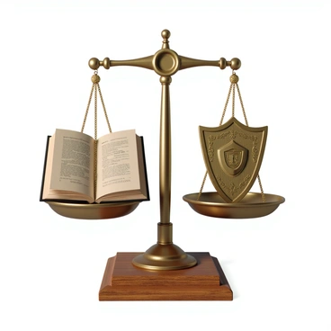 A balanced scale made of polished brass, positioned on a wooden table. On the left side of the scale, there is a large symbol of "honesty," depicted as an open book with pages slightly fanned out, showcasing text and intricate illustrations. On the right side, the symbol of "integrity" is represented by a sturdy shield engraved with a crest, reflecting a metallic sheen. The scale is perfectly balanced, highlighting the importance of both values in harmony. Soft light casts subtle shadows, enhancing the details of the symbols and the elegance of the scale.