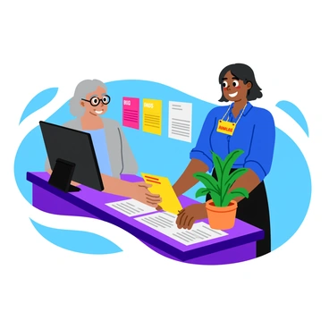 A friendly customer service representative with short black hair is smiling as they assist a client at a "Sanchay Plus" desk. The desk is equipped with a computer, various brochures, and a bright name tag. The representative is wearing a blue shirt and has a welcoming demeanor. The client, a middle-aged woman with glasses, looks engaged as she receives assistance. The background includes colorful posters promoting Sanchay Plus services. A small potted plant sits on the edge of the desk, adding a touch of greenery to the scene.