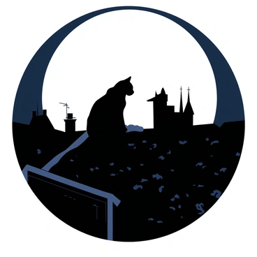 A black silhouette of a cat sitting on a rooftop against a bright white full moon. The cat is perched with its tail curled around its body, facing the moon. The rooftop has a textured surface with some scattered tiles, and in the background, there are hints of distant rooftops and chimneys. The full moon casts a soft glow, illuminating the cat's outline and creating a stark contrast against the night sky.