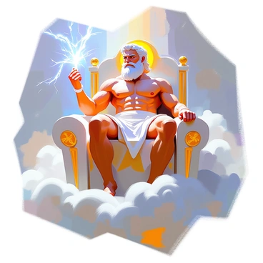 Zeus is seated majestically on a cloud throne, exuding authority and power. He has a strong, muscular build and a flowing white beard that adds to his imposing presence. His eyes are sharp and focused as he gazes into the distance. In one hand, he firmly holds a bright, crackling bolt of lightning, which emanates a powerful glow. The throne is intricately designed, adorned with symbols of thunder and clouds, while fluffy white clouds surround him, creating an ethereal atmosphere. The sky behind him is a mix of deep blues and soft whites, enhancing the dramatic effect of the scene.