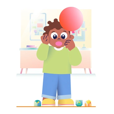 A child rubbing a balloon against their hair, causing it to stand up due to static electricity