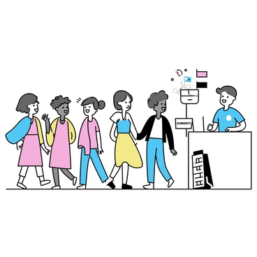 A diverse group of five people walking together, each displaying a unique cultural attire. The first person is wearing a colorful traditional dress, the second is in casual jeans and a t-shirt, the third is dressed in a business suit, the fourth is in a flowing sundress, and the fifth is wearing a sports jersey. They are crossing a border checkpoint, with a clear sign indicating "Border Crossing." Two customs officers, a woman with short hair wearing a blue uniform and a man with glasses in a similar uniform, are standing behind a counter, smiling and waving at the group. Behind them is a simple depiction of flags representing different countries.