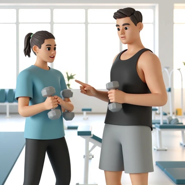 A personal trainer, wearing a black tank top and grey shorts, is demonstrating proper dumbbell techniques to a client. The client, dressed in a blue t-shirt and black leggings, is attentively watching while holding a pair of dumbbells. The gym is well-lit with large windows allowing sunlight to flood in, highlighting the bright and clean workout space. Various fitness equipment, such as weight benches and exercise mats, are visible in the background. The trainer is pointing out a specific movement, illustrating the correct posture with a focused expression.