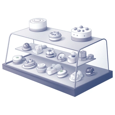 A bakery counter filled with various pastries and cakes. The counter showcases a selection of items, including croissants, eclairs, and tarts arranged neatly. Each pastry has intricate detailing, with some topped with cream or fruit. The cakes are of different sizes and shapes, featuring layers and decorative frosting. The setup is well-organized, displaying the tempting treats that invite customers to indulge.