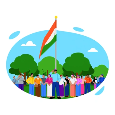 A vibrant scene of a flag hoisting ceremony takes place in an outdoor setting. A large, colorful national flag is being raised on a tall flagpole. Below the flag, a diverse group of people stands at attention, saluting with their right hands held to their foreheads. They wear a mix of traditional and modern attire, reflecting the culture of the nation. The sun shines brightly, casting light on the participants, highlighting their expressions of pride and reverence. In the background, trees line the area, and a clear blue sky adds to the atmosphere of the ceremony.