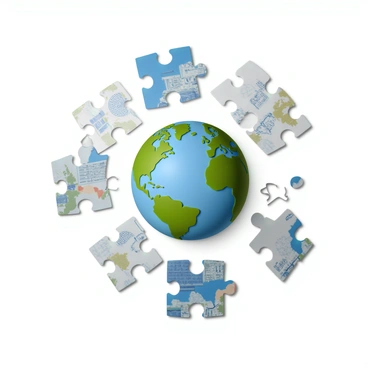 A scattering of various puzzle pieces with intricate designs representing different aspects of the global economy. Each piece displays images such as currency symbols, graphs, and maps. The puzzle pieces are slowly coming together in the center of the image, forming a vibrant and detailed picture of a globe, showcasing continents and economies connected by lines symbolizing trade. The background is a soft gradient that enhances the focus on the puzzle and the emerging world map.