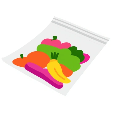 A transparent vacuum-sealed bag filled with assorted food items, including colorful vegetables and meats. The bag is shown in the process of being vacuum-sealed, with visible air bubbles being pulled out to illustrate the compression effect. The edges of the bag are tightly sealed, and the compression creates a noticeable shrinkage in size. Light reflects off the surface of the bag, enhancing its clarity and contents.