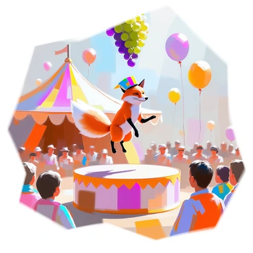 A lively circus scene featuring a red fox skillfully performing tricks atop a bright, colorful pedestal. The fox is mid-leap, showcasing agility and charm, while wearing a small, vibrant jester's hat. Surrounding the performance area, a variety of spectators, including children and adults, watch with expressions of delight and amazement. Above the fox, clusters of green and purple grapes hang enticingly from a circus tent's fabric, acting as a reward for the clever animal. Brightly colored streamers and balloons add to the festive atmosphere of the circus.