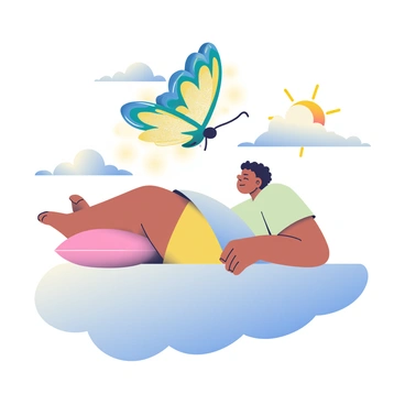 A person with medium skin and short black hair is lying on a soft bed, their eyes closed in deep sleep. Above them, a giant butterfly with vibrant blue and yellow wings is gently lifting them into the air. The butterfly's wings are intricately patterned and shimmer in the light. Surrounding them are fluffy white clouds that billow and swirl, creating a dreamy atmosphere. Sunlight filters through the clouds, casting a warm glow on the scene. The person's expression is peaceful and content as they are carried through this whimsical sky.