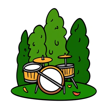 A rustic drum kit made of wood is placed on a patch of grass among tall, green trees. The drums have a natural, unfinished look with visible wood grain. Sunlight filters through the leaves, casting dappled shadows on the ground around the drum kit. A few fallen leaves are scattered nearby, and the background is filled with various shades of green from the trees.