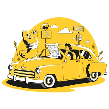 A traveler checking a map inside a car parked near a quirky roadside attraction