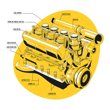 A detailed blueprint of a car engine is displayed, featuring various mechanical parts clearly labeled. The engine block is at the center, with pistons, crankshaft, and camshaft illustrated in intricate detail. Adjacent to the engine are components like the fuel injector, alternator, and exhaust manifold, each marked with precise labels. Various bolts and seals are drawn with attention to their layout within the engine structure. The blueprint includes measurements and annotations that provide additional specifications for each part, ensuring clarity and precision in the design.