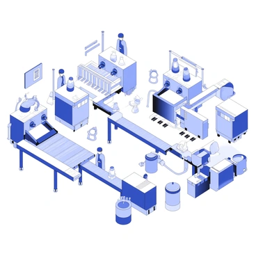 A bustling factory interior where ampoules are being produced and filled with liquids. There are several assembly lines with machines in operation. Each machine has a conveyor belt that moves empty ampoules to the filling stations. Workers in uniforms are handling the ampoules and monitoring the filling process. There are large containers of liquid positioned near the filling machines, with pipes leading to the filling nozzles. The space is filled with various equipment, including labeling machines and packing stations. Overhead, there are bright lights illuminating the busy environment.