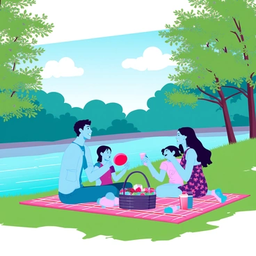 A family of four is sitting on a plaid picnic blanket spread out on the lush green grass by the riverbank. The father has medium skin and short black hair, wearing a light blue shirt and jeans. The mother has long dark hair and is wearing a floral summer dress. Two children, a boy and a girl, are playing nearby; the boy is holding a bright red frisbee, while the girl is wearing a pink outfit and laughing. In front of them, there is a picnic basket filled with fruits, sandwiches, and drinks. The river is flowing gently beside them, its clear water reflecting the "clear blue sky" above, dotted with a few fluffy white clouds. The surrounding trees are vibrant and healthy, creating a picturesque natural setting.