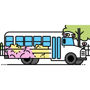 A white school bus is parked in a school yard. The bus features a vibrant mural painted on its side, depicting various themes related to education and creativity. The school yard is surrounded by a low fence, with trees and playground equipment visible in the background. Sunlight casts shadows on the ground, highlighting the bright colors of the mural.