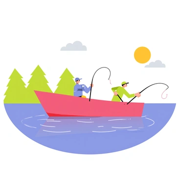 A small fishing boat with a bright red hull floats on a calm blue lake. Two fishermen are sitting in the boat, one wearing a green hat and the other wearing a blue cap. They are casting their fishing lines into the water, creating gentle ripples around the boat. The sun shines down, reflecting off the lake's surface, and a few fluffy white clouds are visible in the clear sky. In the background, there are green trees lining the shore of the lake.