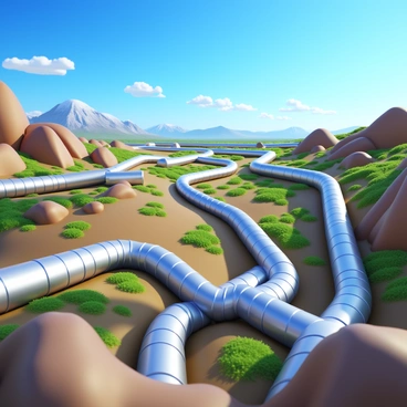An elaborate network of pipelines transporting "hydrogen" across a rugged landscape. The pipelines are metallic and gleaming, twisting and turning through the terrain. Surrounding the pipelines are patches of green vegetation and rocky outcrops. The sky above is clear with a few scattered clouds, providing bright sunlight that reflects off the surface of the pipelines. In the distance, a mountain range can be seen, adding depth to the scene.