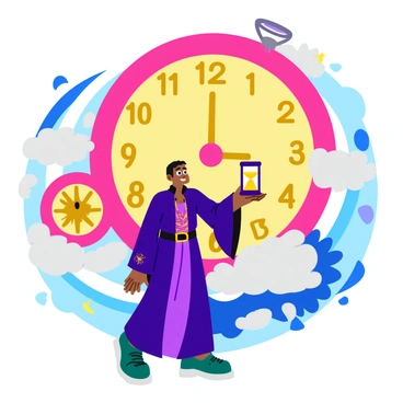 An enigmatic timekeeper character dressed in a flowing robe with intricate clock motifs stands in front of an enormous clock. The clock features ornate gears and a shiny face with bold numbers, all set against a backdrop filled with swirling clouds and shimmering stars. The timekeeper holds an hourglass in one hand, with grains of sand suspended in mid-air as if frozen in time. Their expression is focused and thoughtful, gazing at the moving hands of the clock, while wisps of mist swirl around their feet.