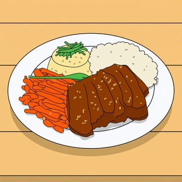 A plate of fusion cuisine featuring "moo deng," which consists of slices of grilled pork with a rich, caramelized glaze. The dish incorporates "kimchi," a traditional Korean side dish made from fermented vegetables, adding vibrant red and green colors. The kimchi is placed alongside the pork, with a sprinkle of sesame seeds on top. The dish is accompanied by "steamed rice" shaped in a small mound, garnished with fresh green onions. The background features a simple wooden table, enhancing the home-cooked feel of the meal.