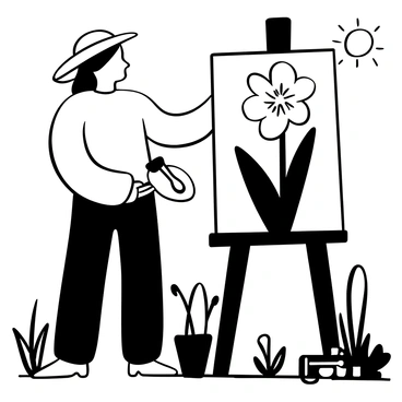 An artist wearing a wide-brimmed hat is standing outdoors, holding a paintbrush in one hand and a palette in the other. The artist is focused on painting a large "crocus flower" that is prominently displayed on an easel. The flower has long, slender petals that extend outwards. The ground is covered with various plants and grasses, and there are scattered tools and paint tubes around the artist's feet. In the background, there are hints of trees and sunshine filtering through the leaves, creating a lively outdoor atmosphere.