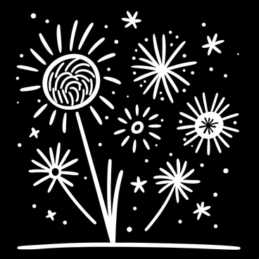 A series of fireworks bursting in the sky, with intricate patterns and shapes creating an elaborate display. Each firework emits bright sparks that radiate outward, filling the air with dynamic movement. The bursts form an array of energetic patterns, evoking a sense of celebration and liveliness. There are varying sizes of fireworks, some large and others small, creating depth and texture in the scene. The background is a dark sky that contrasts with the bright explosions, emphasizing the vivid display.
