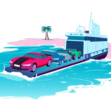 Multiple American cars in various colors lined up on a large ferry at the seashore. The cars feature distinct designs, with some having sleek aerodynamic shapes and others showcasing classic vintage styles. The ferry has a robust structure, with a wide loading ramp lowered to accommodate the vehicles. The scene captures the sparkling ocean waves lapping against the sides of the ferry, with a clear blue sky above. In the background, a sandy beach is visible, dotted with a few small palm trees, enhancing the coastal setting.