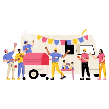 A group of enthusiastic fans wearing colorful jerseys and hats is gathered around a large tailgate setup. A red grill is positioned at the center, with smoke rising as burgers sizzle on the grates. Surrounding the grill, fans are flipping burgers and serving food on paper plates. On one side, a family is playing catch with a football, while others are enjoying card games at a foldable table. Colorful banners and team flags are draped over the tailgate truck, creating a festive atmosphere. The scene captures the excitement and camaraderie of pre-game festivities.