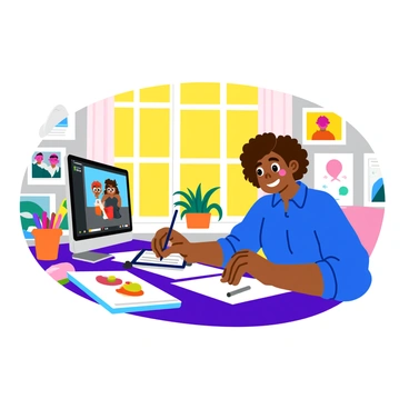 An illustrator with curly hair wearing a bright blue shirt sits at a desk, focused on drawing. The desk is cluttered with colorful markers, sketchbooks, and a digital tablet. A large window behind the illustrator lets in warm natural light. On the wall are various artworks hung up, showcasing different styles and characters. The illustrator’s computer screen displays a live-stream interface with comments and emojis from followers. A small potted plant sits beside the computer, adding a touch of greenery to the scene. Several art supplies are scattered around, creating a vibrant and creative atmosphere.