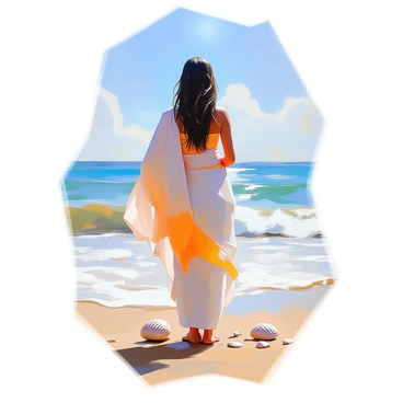 A woman with light skin and long dark hair, wearing a light and breezy saree, stands on a sandy beach. The saree drapes gracefully around her, fluttering gently in the sea breeze. She is gazing out at the waves, with a serene expression on her face. In the background, there are gentle waves lapping at the shore, and a clear blue sky stretches above. The sun shines brightly, casting soft highlights on the water. A few seashells are scattered on the sand near her feet, enhancing the coastal setting.