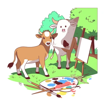 A two-headed calf stands in a grassy field, looking curiously towards the viewer. Each head of the calf has distinct expressions, one appearing playful while the other looks contemplative. Nearby, an easel holds a blank canvas awaiting inspiration. Scattered around the calf are several paintbrushes of varying sizes, some lying on the ground, while others rest against a wooden palette splattered with vibrant colors. Sunlight filters through the trees in the background, casting soft shadows on the scene.