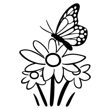 A butterfly with intricate wing patterns perched delicately on a daisy. The petals of the daisy are wide and spread out, showcasing its texture. The butterfly's wings are open, displaying detailed designs and patterns. The scene includes a few more daisies in the background, creating a sense of depth. The overall composition captures the elegance of the butterfly and the natural beauty of the flowers.