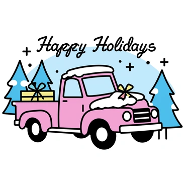 A vintage poster design showcases a classic pickup truck, painted in bright red, parked amidst a snowy holiday landscape. The truck is adorned with colorful ribbons and a large holiday bow on the hood. Snow-covered pine trees surround the truck, adding to the winter wonderland scene. In the background, there are gently falling snowflakes, and the sky is a soft, muted blue, indicating a clear winter day. The words "Happy Holidays" are prominently displayed in an elegant, retro font above the scene.