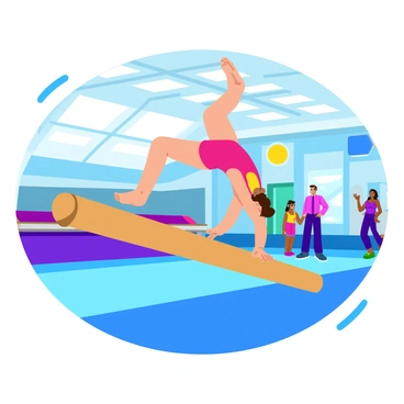 A gymnast in a vibrant leotard is performing an aerial flip on a narrow balance beam. The gymnast is mid-air, legs extended and arms gracefully positioned for balance. The balance beam is made of a smooth, light-colored wood and is slightly elevated above a soft mat below. In the background, a modern gymnastics center features bright lights, colorful equipment, and supportive spectators watching the performance. The floor is covered with a soft, blue mat, contrasting with the beam. The atmosphere is dynamic and energetic, capturing the excitement of the gymnastics routine.