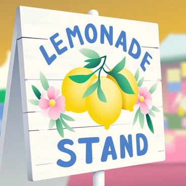 A close-up view of a hand-painted sign for a lemonade stand. The sign features bright yellow lemons with green leaves surrounding them. There are delicate flowers painted in shades of pink and white embellishing the sign. The wooden texture of the sign is visible, with slight imperfections adding character. The background is softly blurred, bringing focus to the vibrant colors of the lemons and flowers.
