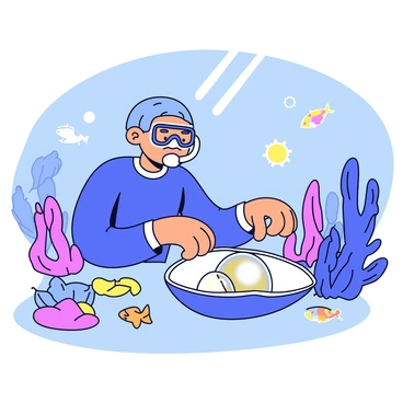 A diver wearing a wetsuit and a snorkeling mask is positioned on the ocean floor. The diver is reaching into an open oyster, revealing a shiny, iridescent pearl nestled inside. Surrounding the oyster are various colorful coral formations and small fish swimming nearby. In the diver's other hand, there is a glimpse of a delicate necklace with a chain sparkling under the water. Sunlight filters through the water surface, creating a soft glow that highlights the scene.